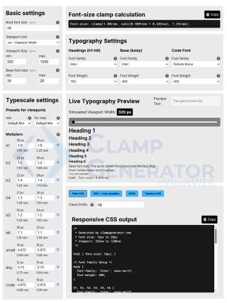 screenshot of font-size and typescale clamp generator tool