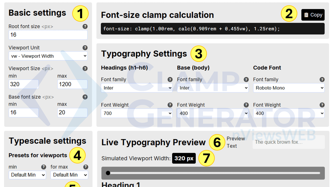 partial screenshot of the font-size and typescale clamp generator tool