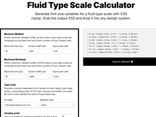 screenshot of fluid typescale clamp calculator frontpage accessed on 2025 June 10